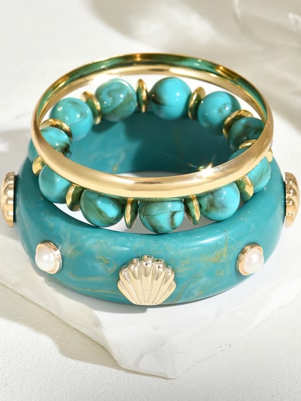 Turquoise Blue w/Gold-Trim Turquoise Beaded/Shell Accent Bangle Set